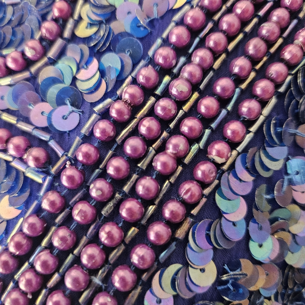 Vintage Silk Blue Beaded Sequin Top Petite XL - Picture 9 of 14
